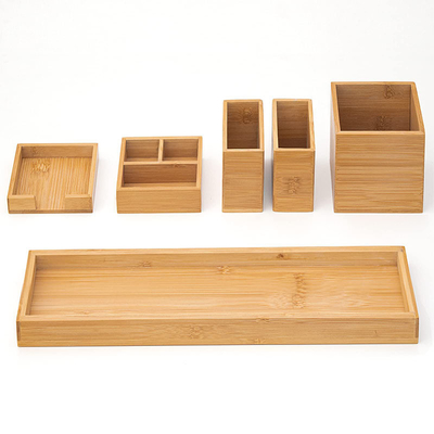 6 조각의 대나무 버니티 트레이 세트 38x10.5x10.1cm로 욕실을 효율적으로 정리하십시오.