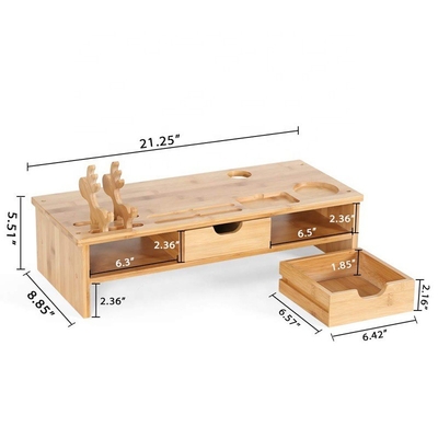 싱글 레이어 54x22.5x14cm 대나무 컴퓨터 모니터 라이저 데스크톱 스탠드와 2 개의 드라워